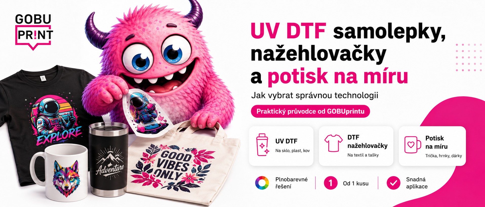 UV DTF samolepky, nažehlovačky a potisk na míru: jak vybrat správnou technologii