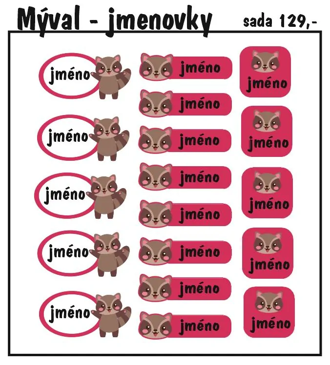 Set jmenovek s mývalem 36ks