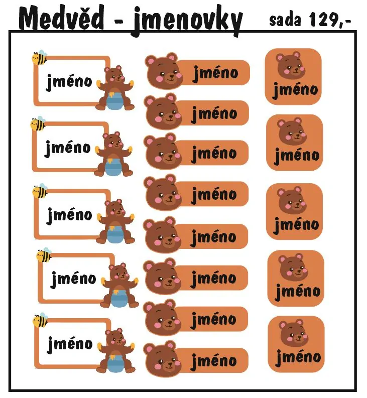 Set jmenovek s medvídkem 36ks