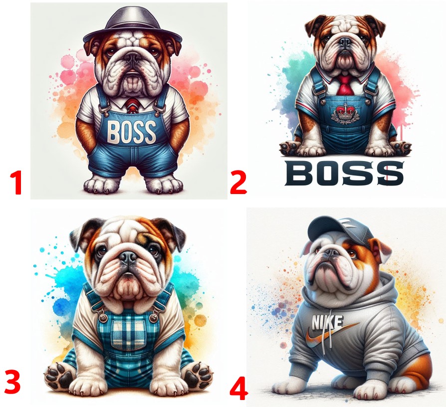 Anglický buldog v oblečení - 4 motivy