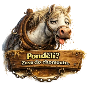 Bílý kůň v chomoutu a pondělí