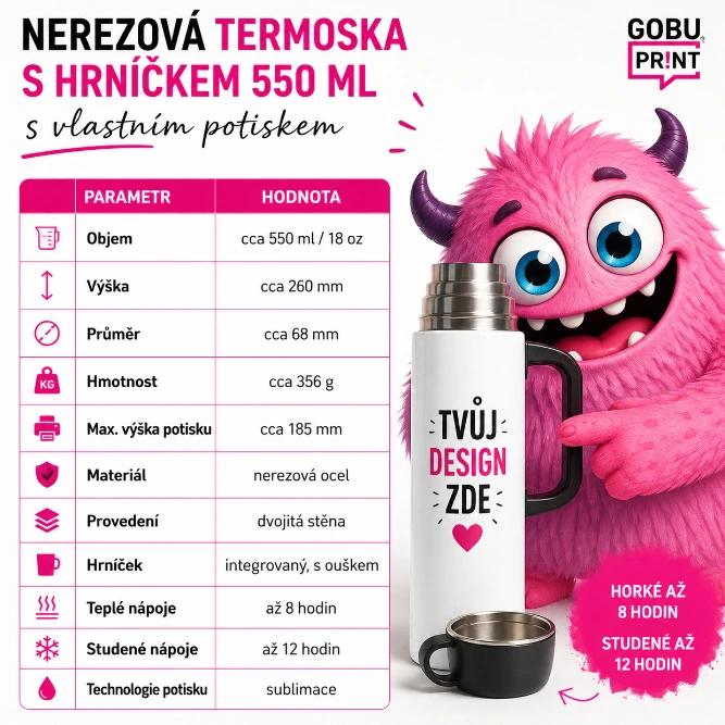 Nerezová termoska s hrníčkem 550 ml s vlastním potiskem