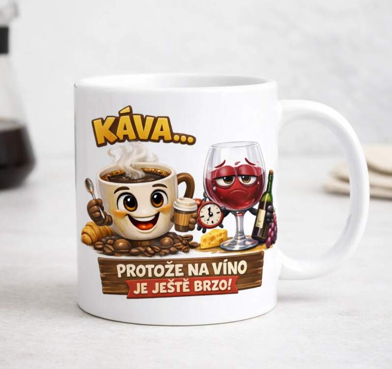 Levně Hrnek „KÁVA… protože na víno je ještě brzo!“ (Oboustranný potisk)