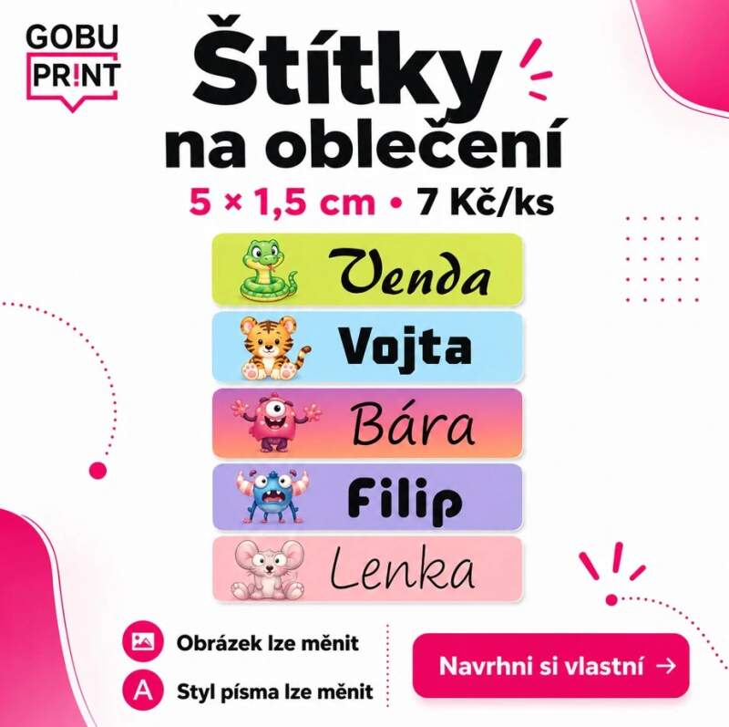Levně 1. Nažehlovací jmenovka na přání (štítky na oblečení do školky)