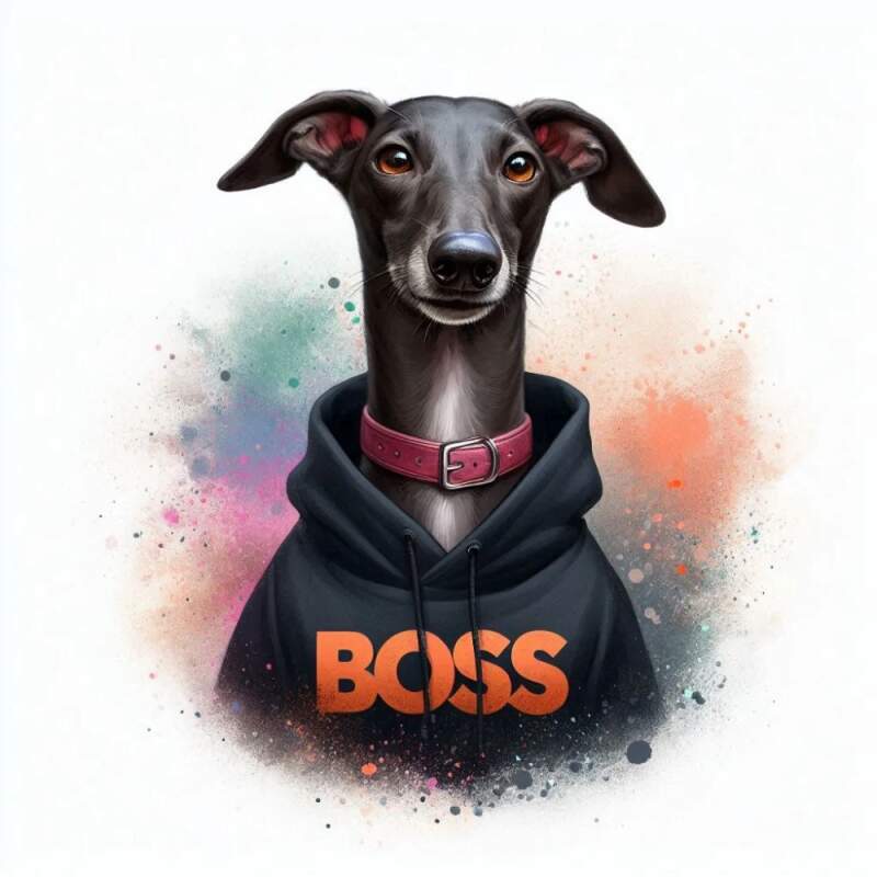Levně Chrt tmavý v mikině boss (NAŽEHLOVAČKA)