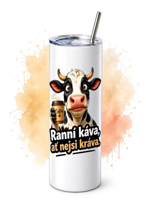 Levně Termohrnek Ranní káva, ať nejsi kráva (termo hrnek na kávu s brčkem)