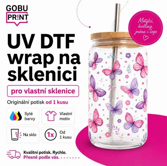 Levně UV DTF samolepka na sklenici s vlastním motivem (UV DTF wrap na sklenici s vlastním motivem)