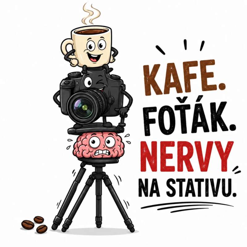 Levně Kafe. Foťák. Nervy na stativu. (NAŽEHLOVAČKA)