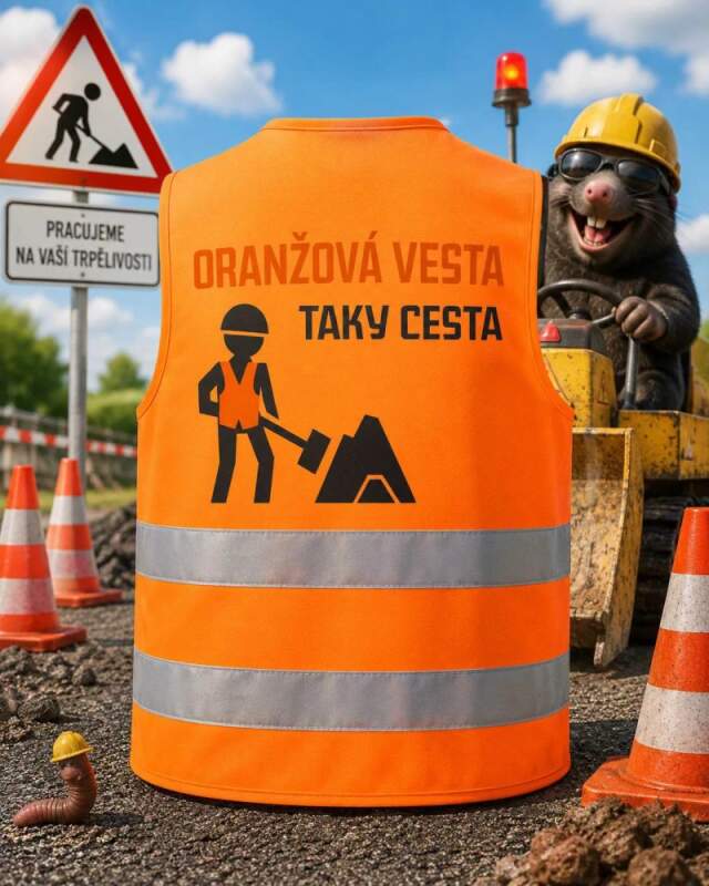 Levně Reflexní oranžová vesta s potiskem (Vtipná oranžová reflexní vesta s potiskem „Oranžová vesta taky cesta“.)