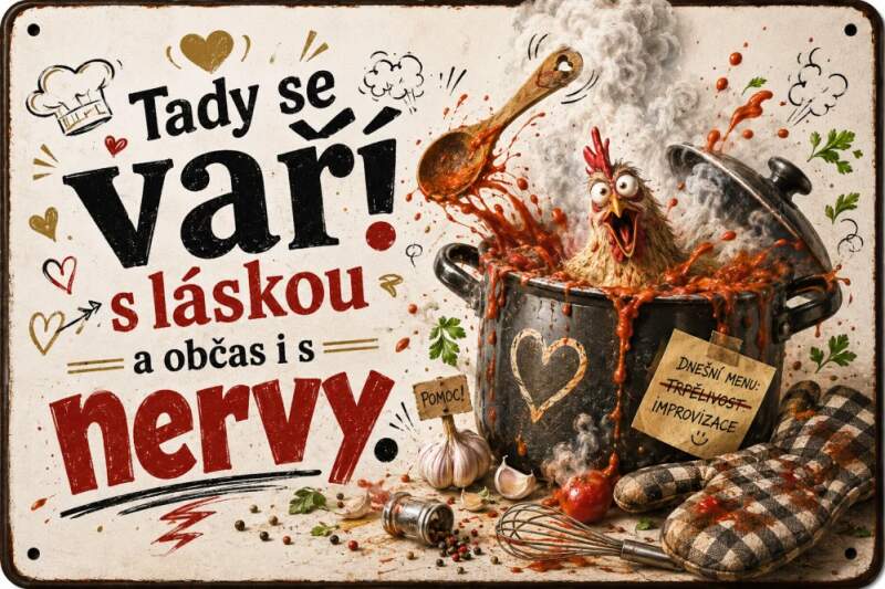 Levně Tady se vaří s láskou a občas i s nervy (hliníková cedulka - pozor pes)