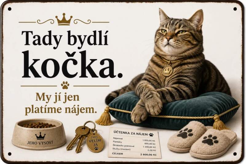 Levně Tady bydlí kočka (hliníková cedulka - pozor pes)