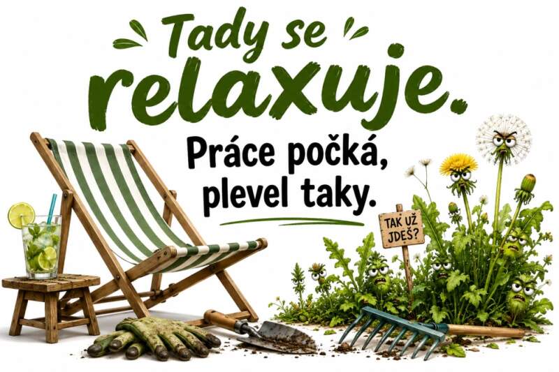 Levně Tady se relaxuje. Práce počká, plevel taky. (hliníková cedulka - pozor pes)