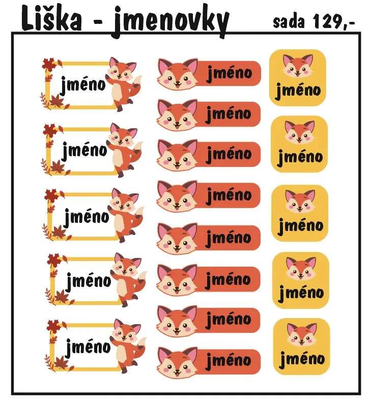 Levně Set jmenovek s liškou 36ks (nažehlovací jmenovky na oblečení)