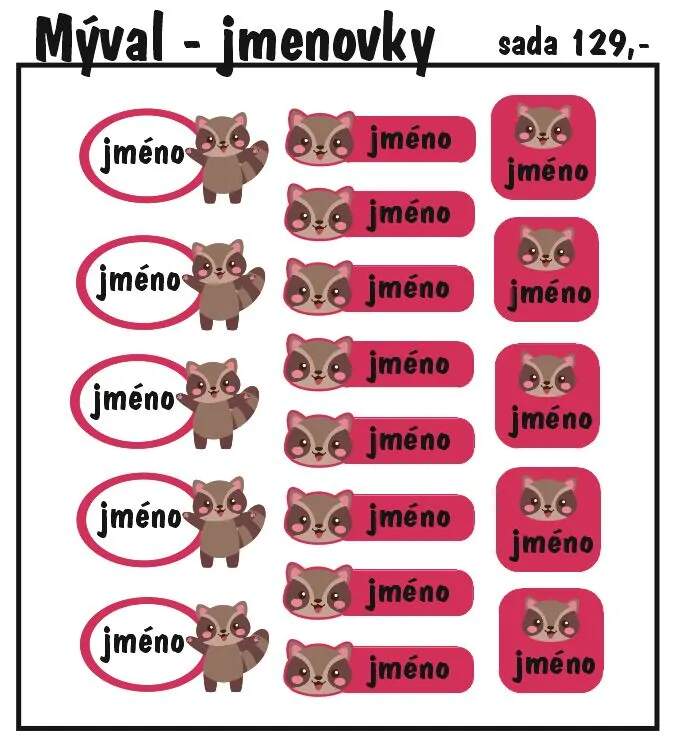 Levně Set jmenovek s mývalem 36ks (nažehlovací jmenovky na oblečení)