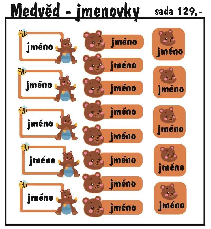 Levně Set jmenovek s medvídkem 36ks (nažehlovací jmenovky na oblečení)