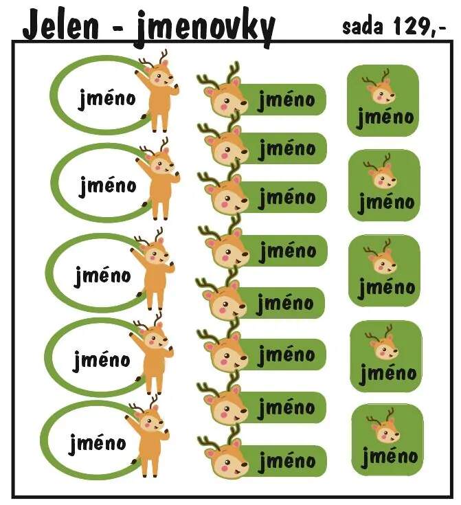 Levně Set jmenovek s jelenem 36ks (nažehlovací jmenovky na oblečení)