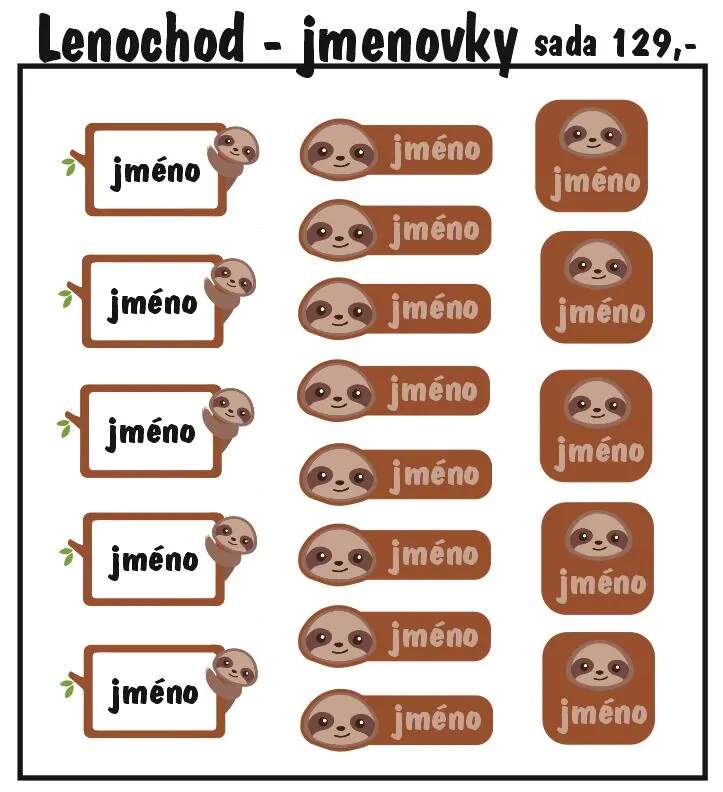 Levně Set jmenovek s lenochodem 36ks (nažehlovací jmenovky na oblečení)