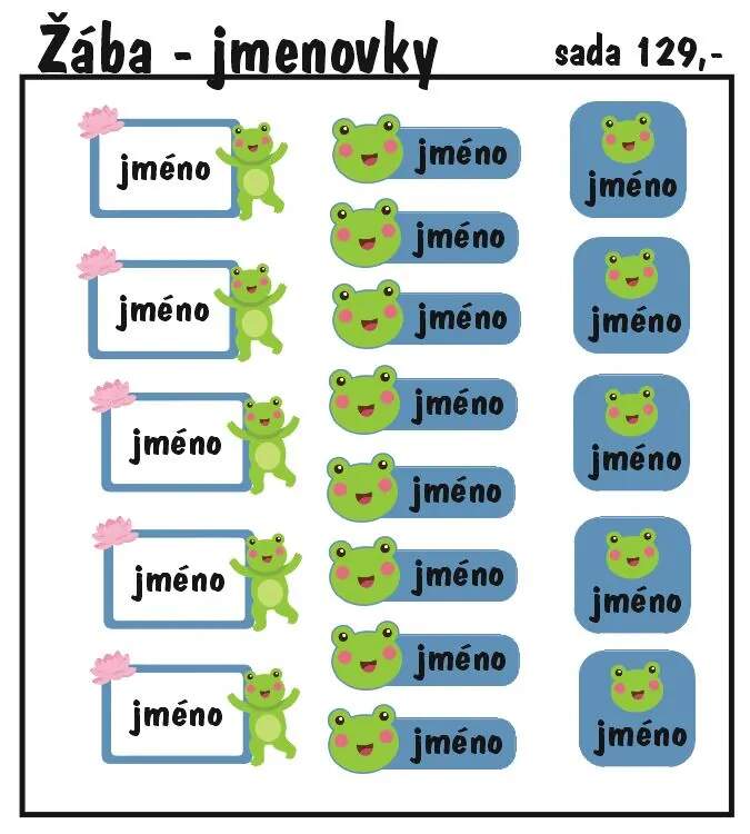 Levně Set jmenovek se žabkou 36ks (nažehlovací jmenovky na oblečení)