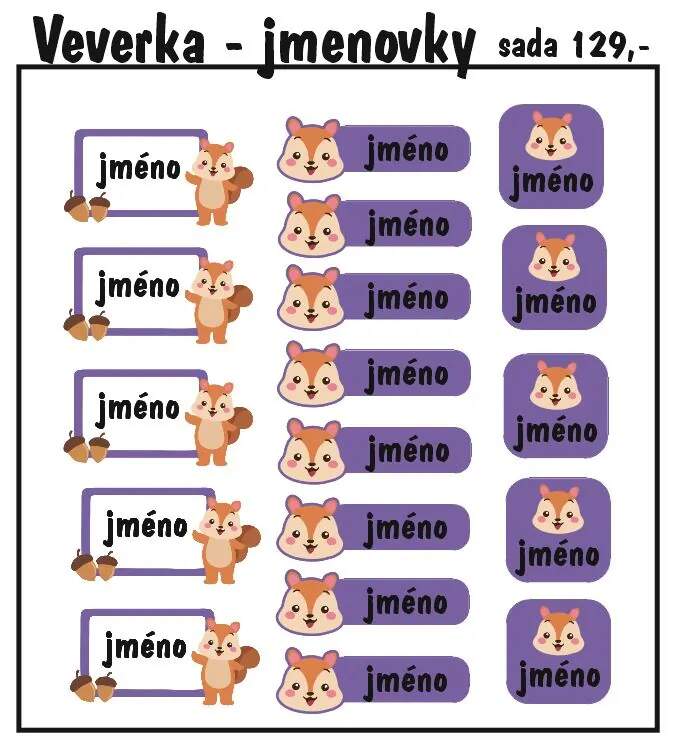 Levně Set jmenovek s veverkou 36ks (nažehlovací jmenovky na oblečení)