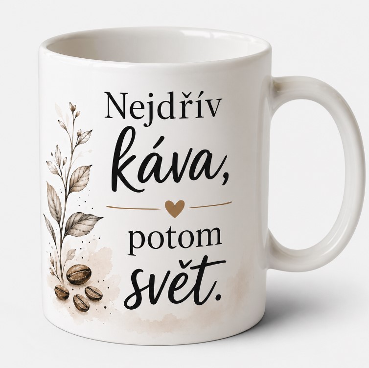hrnek, nejdřív káva, potom svět